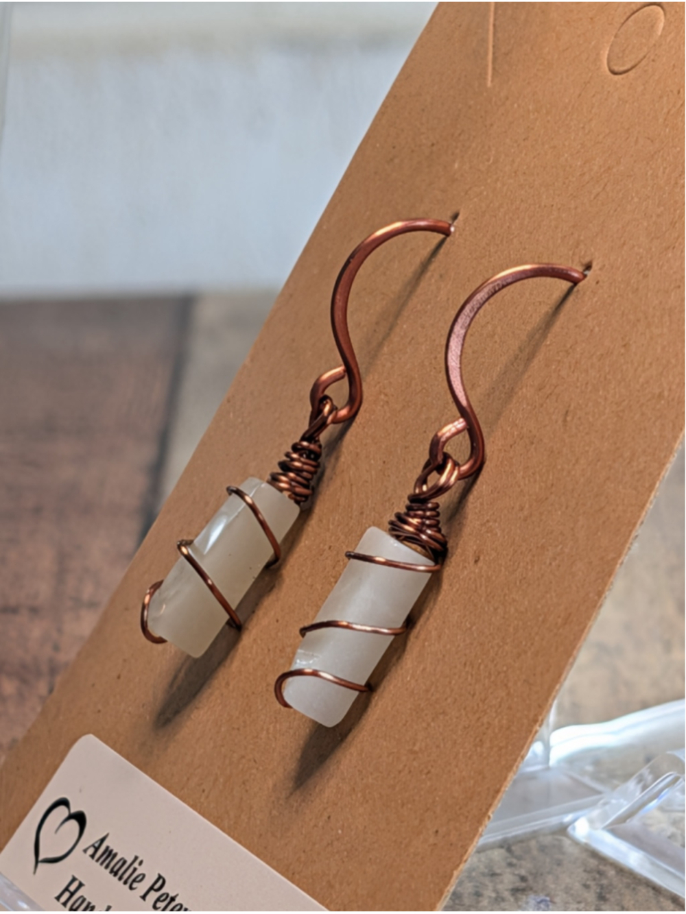 NEW Artisan Copper Wire Wrapped Amazonite Crystal Stick Drop Dangle Earrings - Picture 4 of 5